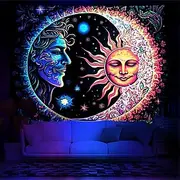 Blacklight Tapestry UV Reactive Glow in the Dark Glow Party Neon Sun Moon Mandala Psychedelic Trippy Misty Hanging Tapestry Wall Art Mural for Living Room Bedr