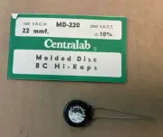 NOS Centralab Type MD Molded Disc Ceramic BC Hi-Kaps, MD-220, 22 MMF 1000VDC