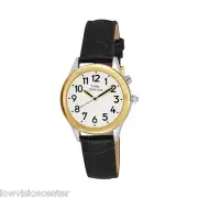Ladies Two Tone Talking Watch White Face: Black Leather Band - Choice of Voice
