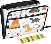 Quteprint 13 Pockets Expanding File Folder with Zipper Closure, Cute Dinosaurs Volcanoes Accordion File Folder with Sticky Labels, Letter Size A4 Papers Expandable File Document Organizer