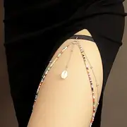 CABODYALS Seashell Tassel Bohemian Layer Body Chain Punk Beads Layered Gothic Mermaid Bikini Beach Black Lace Thigh Crossover Summer Shell Leg Beaded Body Chains for Festival Party Body Jewelry