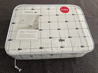 LACOSTE King Sheet Set Size White Gator Print Gator Logo 100% Cotton Anthracite