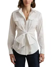 [Lauren Ralph Lauren] Tie-Front Cotton-Blend Shirt in White