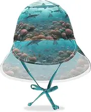 [RPLIFE] 2t-4t Toddler Summer Hat, Baby Sun Hat with Neck Flap, Baby Boy Sun Hat with Strap, Breathable Cap, Sharks Coral Reef