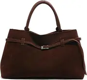 [ALINUOYQ] Women Suede Tote Bag, Trendy Suede Top Handle Bag, Brown Suede Tote Handbag Retro Shoulder Satchel Bag for Work