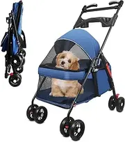OMDOCA Pet Dog Cat Stroller with Foldable Dog Cat Cage Jogger Stroller with Storage Basket and Cup Holder,4 Wheels for Medium/Small Dogs and Cats, with Cup Holder (Blue-B)