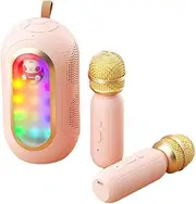 Karaoke Wirel Microphone and Speaker Set with 2 Microphone Rechargeable Color Lights Handheld Mic Karaoke Speaker s for Girls Boys Birthday Party Home KTV Set Pink
