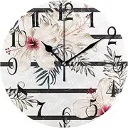 [ALAZA] White Hibiscus Flowers Stripe Round Wall Clock Non-Ticking Silent Battery Operated Decorative Clock for Living Room Home Office Decor