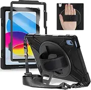 Herize iPad 10th/11th(A16) Generation Case 10.9 Inch 2022/2025 with Scren Protector&Stand | iPad A2757/A2777 Case | Heavy Duty Shockproof Rugged Protective Case W/Handle Strap Sholuder Strap | Black
