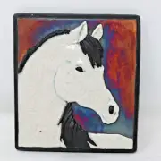 Raku Wall Art Tile Pottery White Horse Signed Jeremy Diller 5" NWT Purple Blue