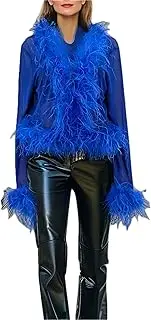[Generic] Ostrich Feather Trim Mesh Crop Top Real Feather Furry Sheer Shirt Jacket Party Y2k Sexy