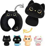 Mewaii Kids Travel Pillow, Cute Black Cat Stuffed Animal Plush, Cartoon Neck Pillow for Kids & Adults, Reversible Plush Squishy 2-in-1 Plush Toys for Airplane, Car, Train (13 Inches)