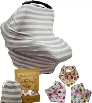 Baby Carseat Canopy Nursing Cart Stroller Cover Gray Striped Drool Bib For Girls