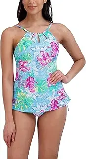 [Stella Parker] Women's High Neck Tankini Tummy Control Quick Dry Removable Cup Adjustable Strap Side Tie Bottom Swimsuit Set