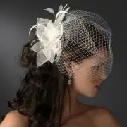 Flower Feather Pearl Fascinator Bridal Russian Net Birdcage Veil White Ivory