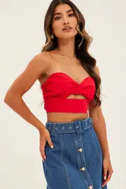 Red Bandeau Twist Front Sleeveless Crop - Size 16, Women's Crop Top