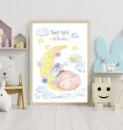 Sleep Tight Baby Nursery Watercolor Mouse & Moon Wall Art Print 8.5x11 Unframed