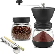 Manual Coffee Grinder, with 2 Glass Jars, Ceramic Burr, Adjustable Coarseness for Drip Coffee, Espresso, French Press, Turkish Brew for Office,Camping,Travelling, Free Wooden Brush and Steel Spoon