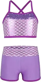[Aislor] Kids Girls Sequin Mermaid Sport Tracksuit 2 Piece Workout Top with Short Bottom Set Activewear Dance Outfits