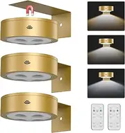EUIOKUN 3Pack Wireless Picture Light,Battery Operated Painting Light with Remote,Magnetic Timer Display Art Lamp for Wall,Dimmable Picture Frame Light for Frame Artwork,Wall Decor Puck Lights-Gold