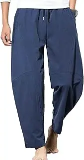 [Generic] Men's Cotton Linen Drawstring Pants Casual Elastic Waist Lightweight Yoga Trouser Tapered Leg Harem Beach Pants for Men