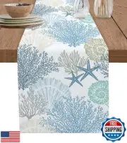 Blue Teal Coral Cotton Linen Rectangle Table Runners 13"x108", Summer Beach S