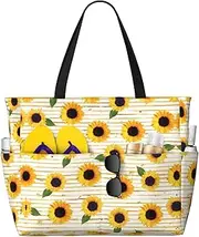 [Ghjkfbf] Sunflower Pattern Print Large Capacity Beach Travel Bag For Family, Beach Tote Bag For Women With Zipper Pockets, Black, One Size