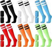 [Jeyiour] 6 Set Soccer Socks and Arm Sweatbands Set Knee High Tube Sock Women Men's over the Calf Socks Colorful Cotton Sport Wristbands for Adult, Black, White, Light Green, Blue, Red, Orange, Large