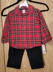 NWT Carter's 2pc Set -Red Flannel Button Up Shirt and Blk Corduroy Pants 18M