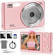 Digital Camera, 16X Digital Zoom, FHD 1080P 44MP Digital Camera for Kids Video Camera with 64GB SD Card Compact Point and Shoot Camera Portable for Kids Boys Girls Teens Students Seniors (Pink)