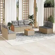 8 Piece Patio Furniture Set - Beige Poly Rattan Garden Sofa with Cushions - Outdoor Chairs and Table, Small Wicker Porch Balcony Bistro Conversation Set
