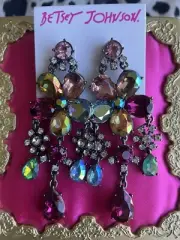 Betsey Johnson Faerie Forest Fairy Flower Multi-Color AB Crystal Pewter Earrings