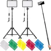 USB LED Video Light 2 Pack Dimmable Photography Continuous Table Top Lighting Kit with Selfie Stick Tripod, 10 Color Filters, 2 Phone Holder for YouTube/Photography/Vlogging/Live Streaming