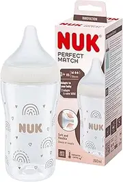 [NUK] Perfect Match Baby Bottle | 3+ Months | Adapts to Baby's Palate | Temperature Control | Anti Colic Vent | 260 ml | BPA-Free | Medium Silicone Teat | Rainbow