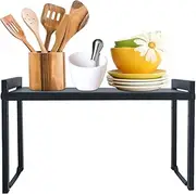 Expandable Cabinet Shelf 13.8~26"(L), Stackable Kitchen Counter Shelf Organizer, 22LBS Heavy Duty Shelf Riser, Countertop Storage Pantry, Durable Metal Sink (Black)