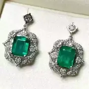 14K White Gold Finish Lab Created Diamond & Emerald At Deco Style Drop Earring