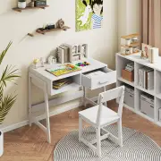 CostwayWooden Children Study Table and Chair Set with Storage Drawer and Hutch-White