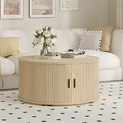 [Merryluk] Round Coffee Table with Storage – Mid-Century Modern Oak Center Table with Sliding Door Cabinet for Living Room