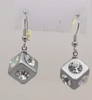 Chunky Silver Acrylic clear Rhinestone drop dangle Dice shape Pierced Earrings