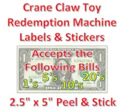 2.5 x 5" Vending Labels Stickers Crane Claw Toy Redemption Machines accepts