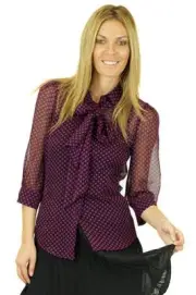 Halston Heritage Removable Tie Blouse Black Fuchsia purple top silk sheer blouse