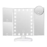 TOOLKISS White Tri-Fold Lighted Makeup Mirror - 22 LED Vanity Mirror with 1X/2X/3X/10X Magnification, Portable Cosmetic Mirror for Professional Beauty Application