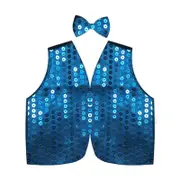 Mens SEQUIN VEST Dance Costume Party Coat Disco Accessory Sparkle Waistcoat - Sky Blue