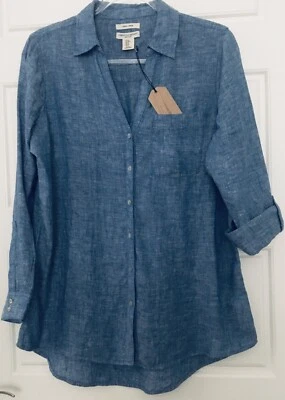 CHRISTIAN SIRIANO NY 100% Linen Pearl Button Loose Comfort Blue Tunic Shirt S