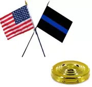 USA American w/ Police Thin Blue Line Flags 4"x6" Desk Set Table Gold Base