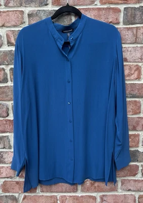 NWT Eileen Fisher Atlantis Blue Silk Georgette Mandarin Collar Long Shirt $278 M