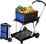 Folding Shopping Cart Trolley with Storage Crates Two Tier Collapsible Cart with Rolling Swivel Wheels for Shopping Picnic and Office