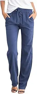 [Generic] Linen Pants for Women Summer Elastic High Waist Straight Leg Casual Pants Loose Comfy Beach Trousers Pockets 2025, A- Blue, Small