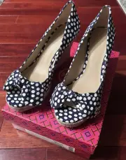 NWB Tory Burch Dory Peep Toe Espadrille Canvas Blue/ Ivory Dot Wedge sz 9