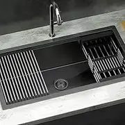 Cefito Kitchen Stainless Steel Sink, 81 x 45cm Single Bowl Basin Sinks Handmade, Home Laundry, Heavy Duty with Strainer Drain Part Basket Rack Under Top Mount Modern Design Black
